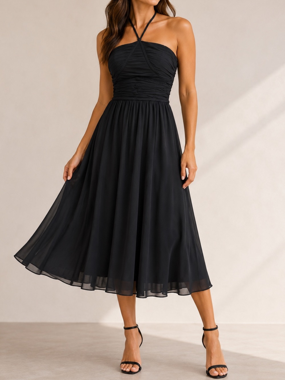 Dress the Population Aura Black Chiffon Ruched Halter Midi Dress Size Medium